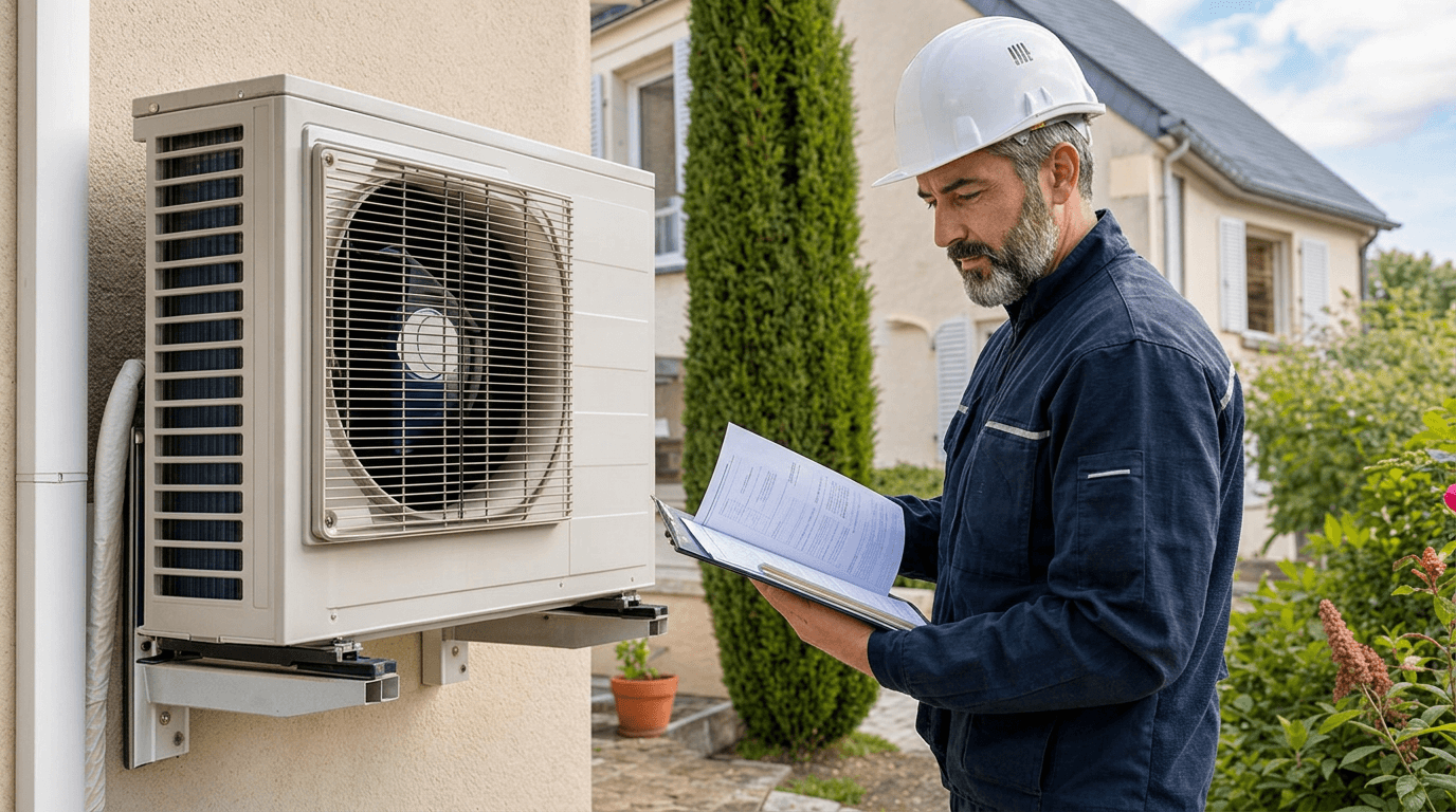 Technicien ClimExpert réalisant l'entretien réglementaire d'une climatisation professionnelle en Île-de-France
